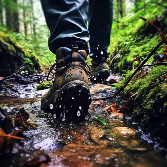 Hiking boots in wet weather